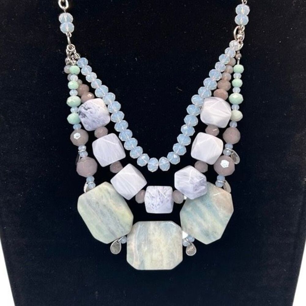 Vtg The Limited Blue Lace Agate Stone & Beads Layered Bib Necklace 19" Signed